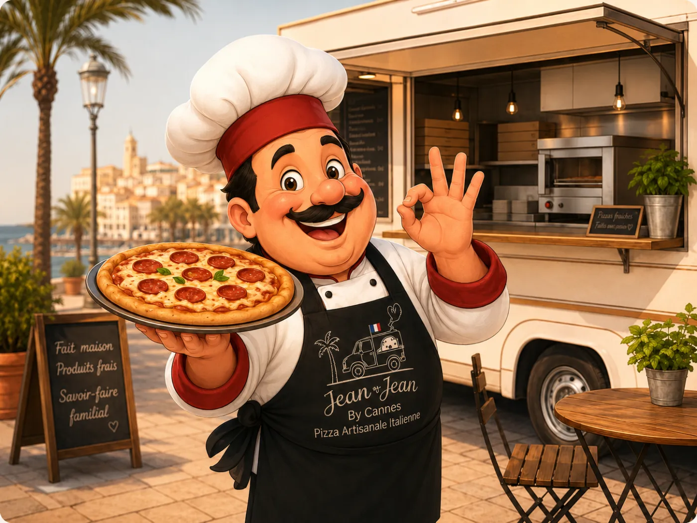 Illustration Pizza Jean-Jean à Cannes — pizzaiolo souriant servant une pizza, camion en arrière-plan, vue mer et palmiers cannois
